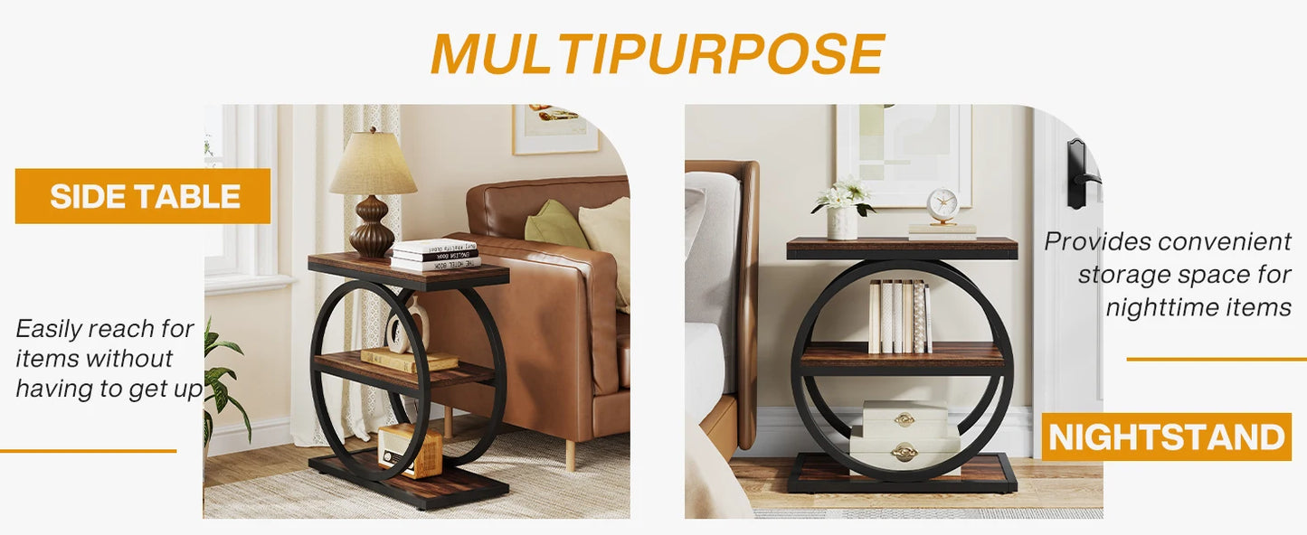 End Table with 3 Storage Shelves, Industrial Small Sofa Side Table, Slim Nightstand and Bedside Table
