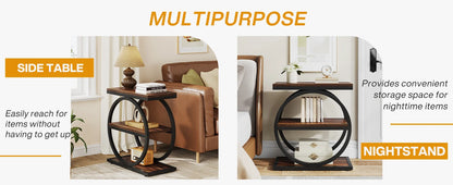 End Table with 3 Storage Shelves, Industrial Small Sofa Side Table, Slim Nightstand and Bedside Table
