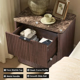 Faux Marble Top Solid Wood Nightstand with Drawers, Curved Corners, Metal Handles, Modern Bedside Table