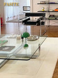 Transparent square glass coffee table, stainless steel low table