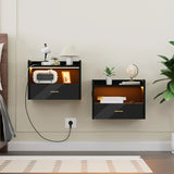 Wall-Mounted Floating Nightstand One Layer Drawer Bedside Table With  1AC Outlet/2USB LED Light Black
