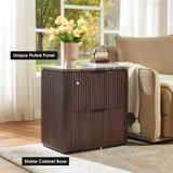 Faux Marble Top Solid Wood Nightstand with Drawers, Curved Corners, Metal Handles, Modern Bedside Table