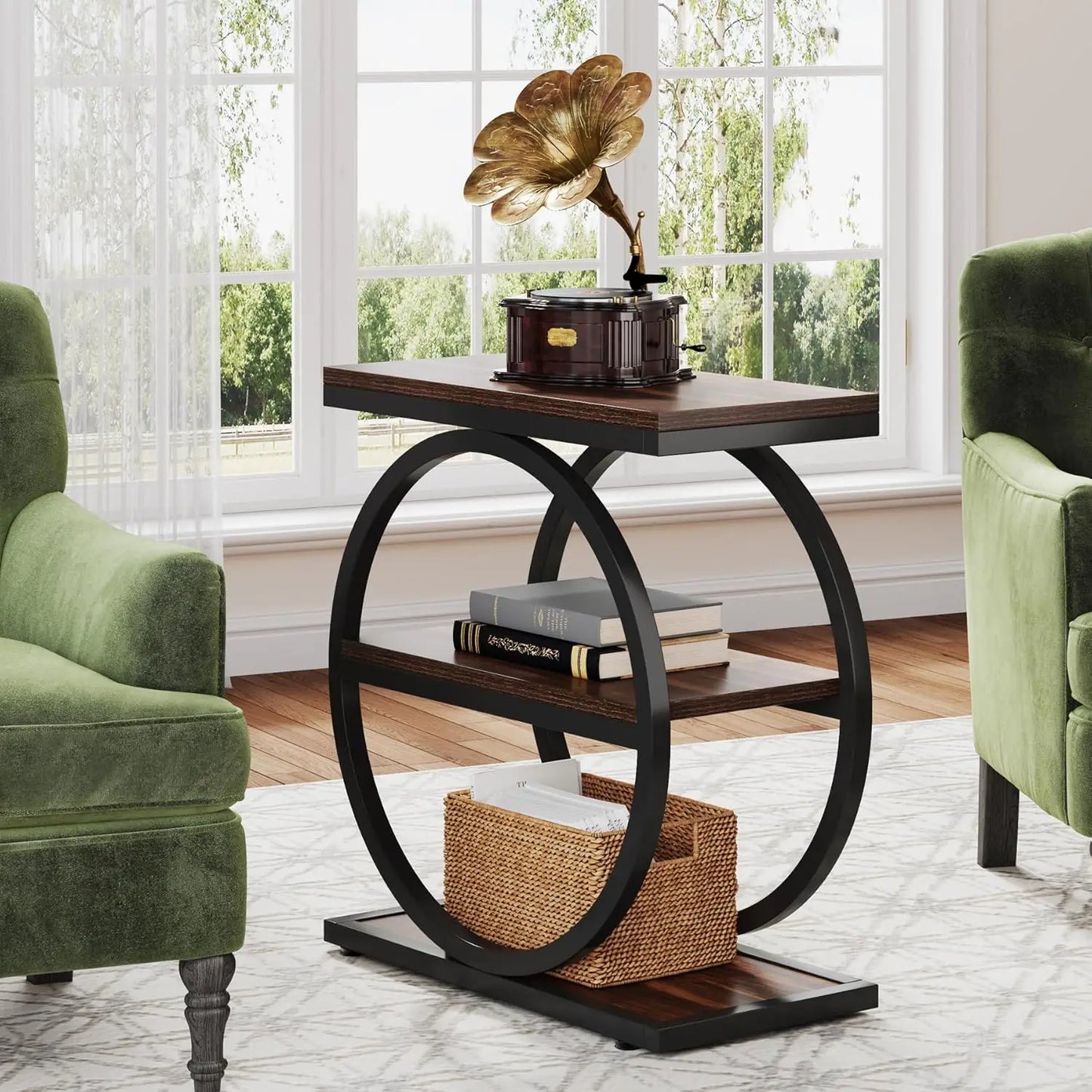 End Table with 3 Storage Shelves, Industrial Small Sofa Side Table, Slim Nightstand and Bedside Table