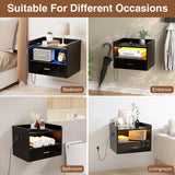 Wall-Mounted Floating Nightstand One Layer Drawer Bedside Table With  1AC Outlet/2USB LED Light Black