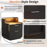 LIKIMIO Nightstand with Charging Station and LED Lights, Night Stand with Pull-Out Shelf, Bedside Table for Bedroom, Black
