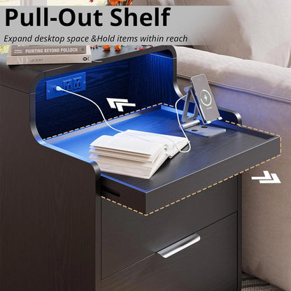 LIKIMIO Nightstand with Charging Station and LED Lights, Night Stand with Pull-Out Shelf, Bedside Table for Bedroom, Black