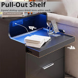 LIKIMIO Nightstand with Charging Station and LED Lights, Night Stand with Pull-Out Shelf, Bedside Table for Bedroom, Black