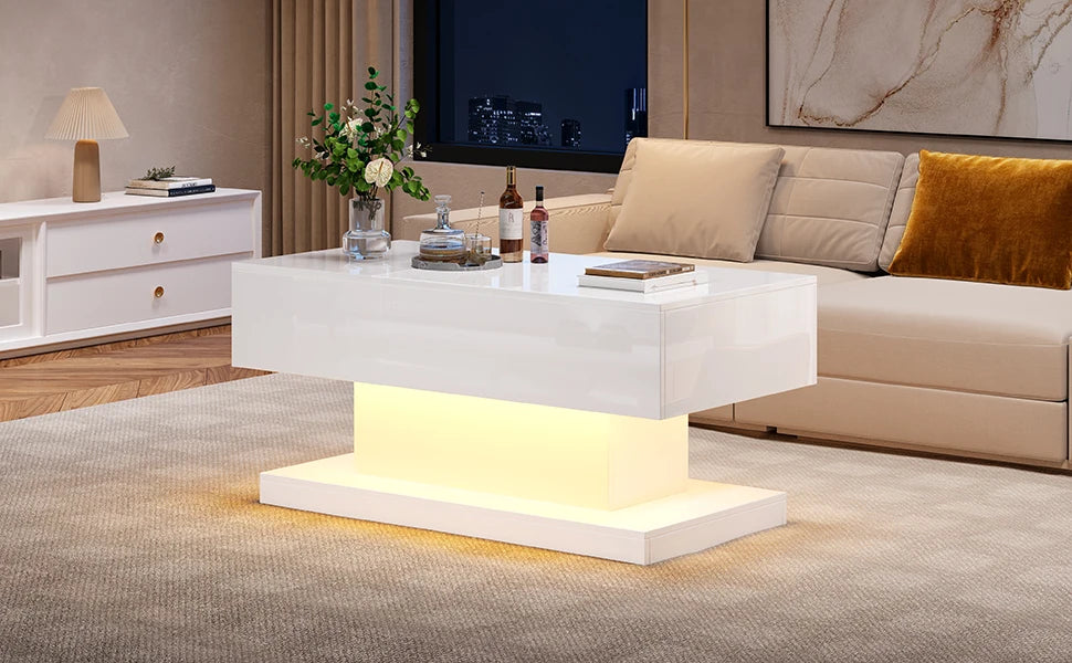 High Gloss Lift Tea Table LED Coffee Table 100x50x45cm With LED Lighting Storage Space Half-lift Table Top And Side-sliding