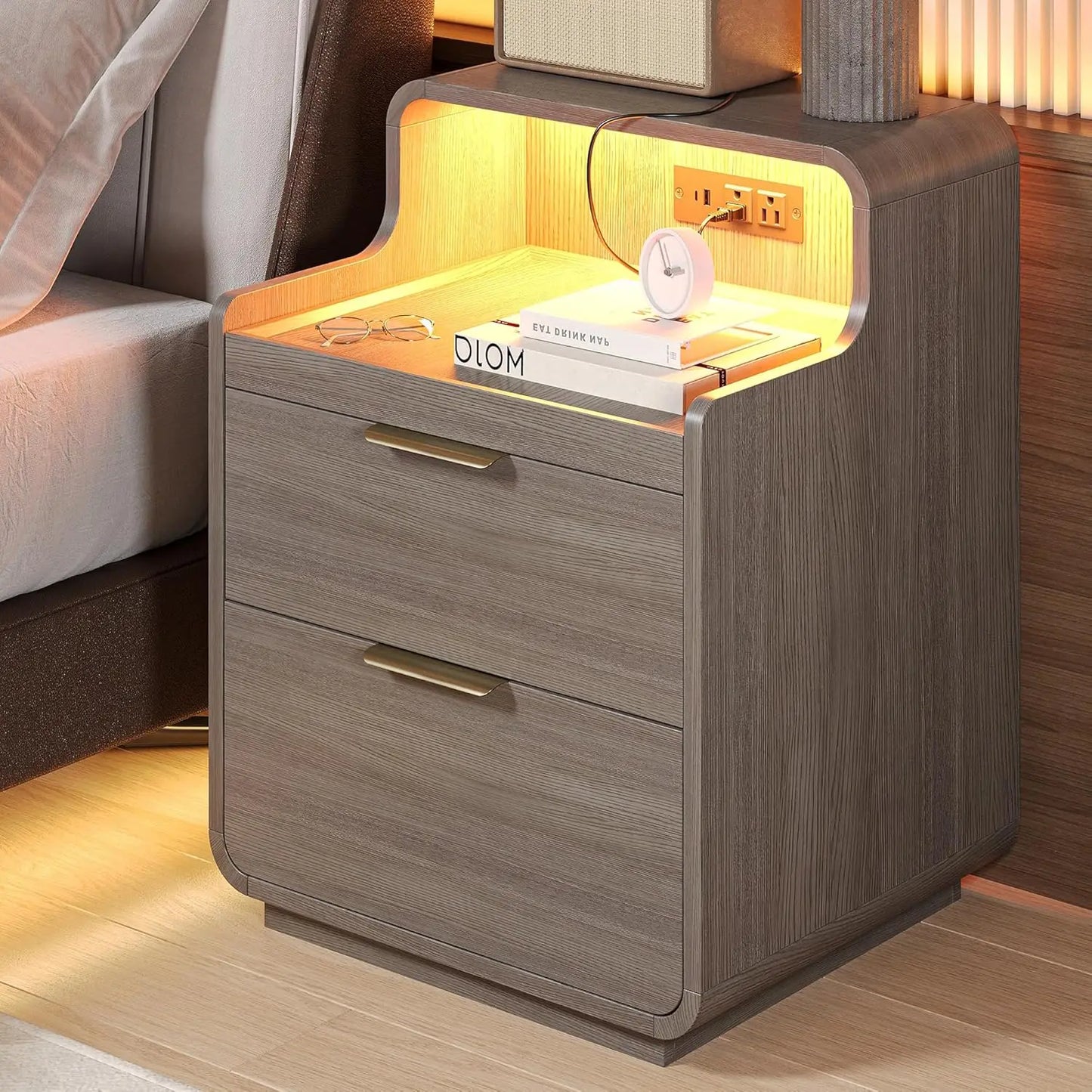 LIKIMIO Nightstand with Charging Station and LED Lights, Night Stand with Pull-Out Shelf, Bedside Table for Bedroom, Black
