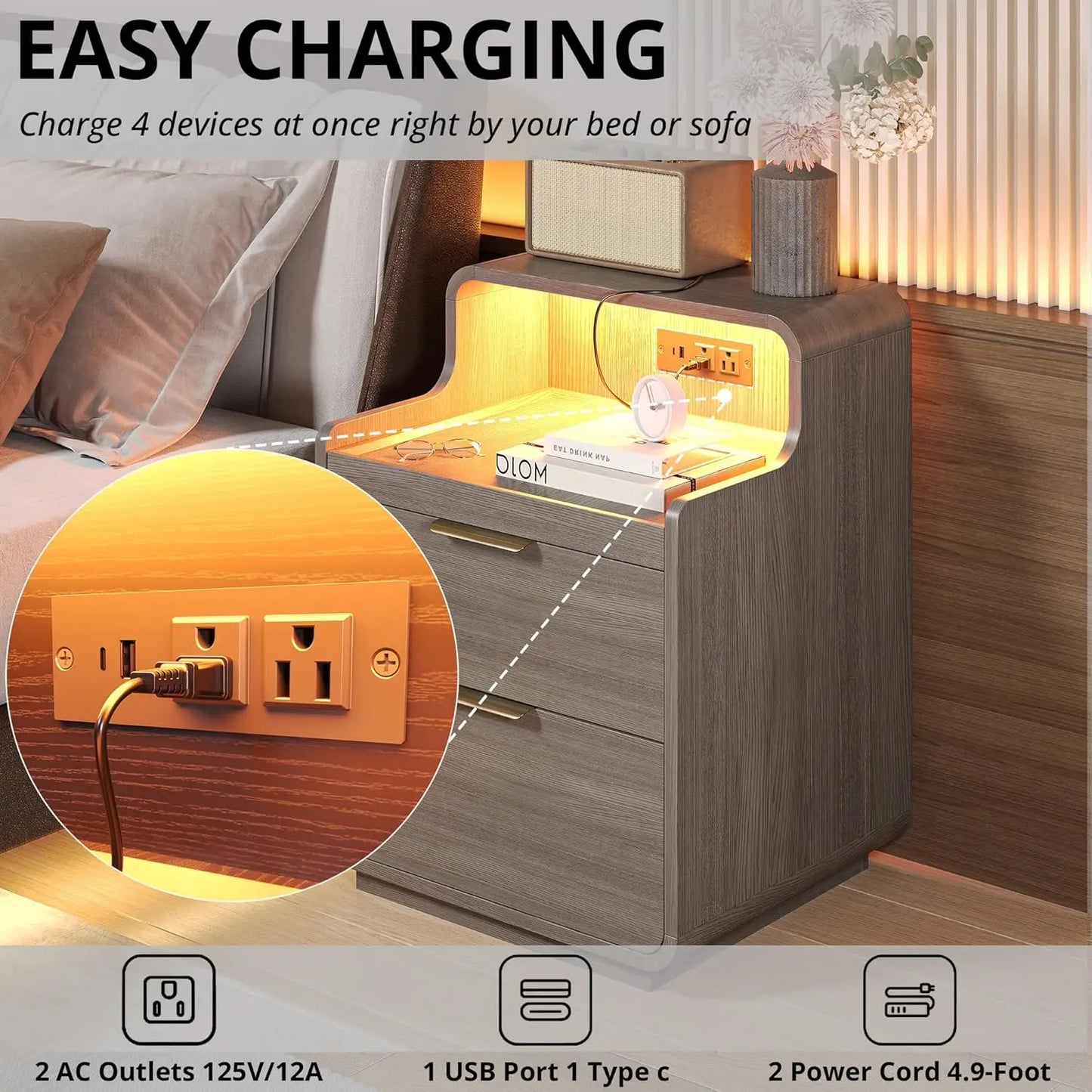 LIKIMIO Nightstand with Charging Station and LED Lights, Night Stand with Pull-Out Shelf, Bedside Table for Bedroom, Black
