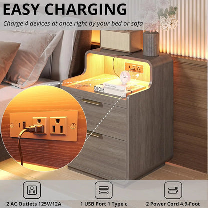 LIKIMIO Nightstand with Charging Station and LED Lights, Night Stand with Pull-Out Shelf, Bedside Table for Bedroom, Black
