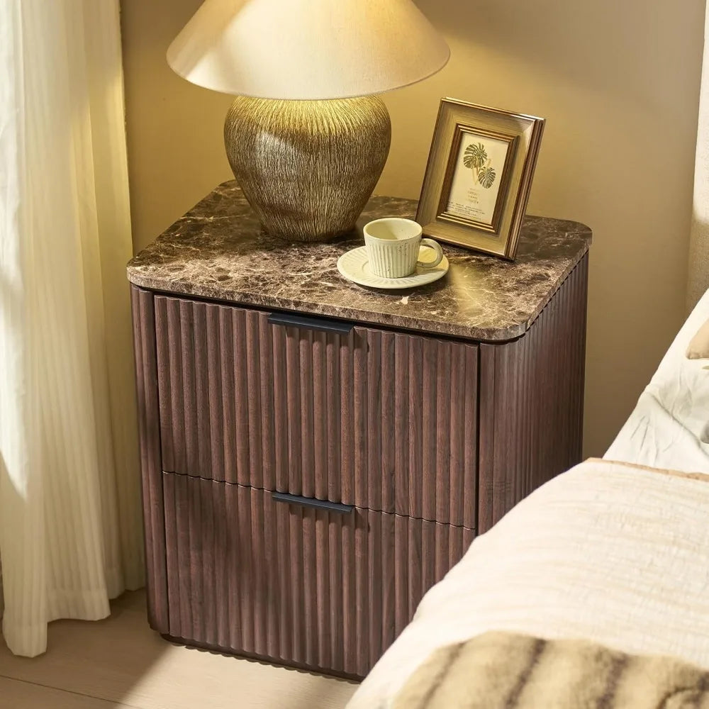 Faux Marble Top Solid Wood Nightstand with Drawers, Curved Corners, Metal Handles, Modern Bedside Table