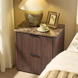 Faux Marble Top Solid Wood Nightstand with Drawers, Curved Corners, Metal Handles, Modern Bedside Table