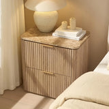 Fluted Nightstand, Night Stand Farmhouse with 2 Drawers, End Table with Faux Marble-Look Top, Bedside Table for Bedroom, Living