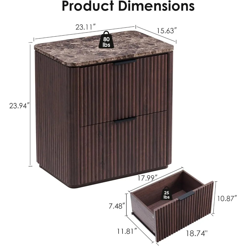 Faux Marble Top Solid Wood Nightstand with Drawers, Curved Corners, Metal Handles, Modern Bedside Table