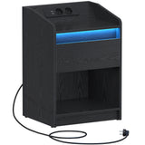 Hzuaneri Bedside Table with LED Light, Bedside Cabinet with Charging Station, 1 Storage Drawer Nightstand for Bedroom