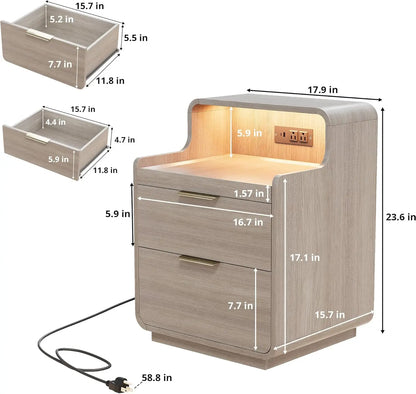LIKIMIO Nightstand with Charging Station and LED Lights, Night Stand with Pull-Out Shelf, Bedside Table for Bedroom, Black