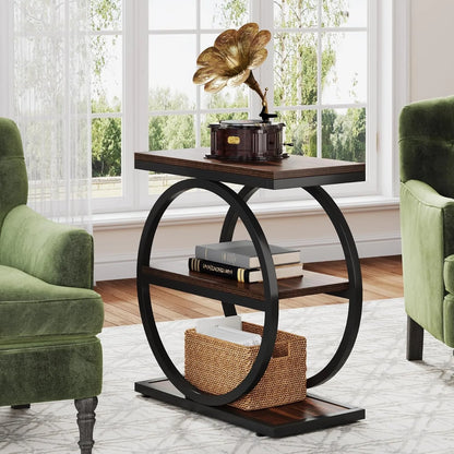 End Table with 3 Storage Shelves, Industrial Small Sofa Side Table, Slim Nightstand and Bedside Table
