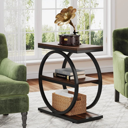 End Table with 3 Storage Shelves, Industrial Small Sofa Side Table, Slim Nightstand and Bedside Table