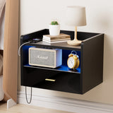 Wall-Mounted Floating Nightstand One Layer Drawer Bedside Table With  1AC Outlet/2USB LED Light Black