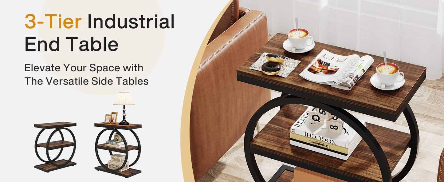 End Table with 3 Storage Shelves, Industrial Small Sofa Side Table, Slim Nightstand and Bedside Table