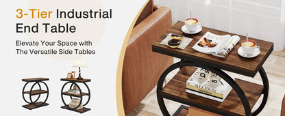 End Table with 3 Storage Shelves, Industrial Small Sofa Side Table, Slim Nightstand and Bedside Table