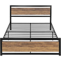 Queen Metal Platform Bed Frame with Brown Wood Panel Headboard and Footboard