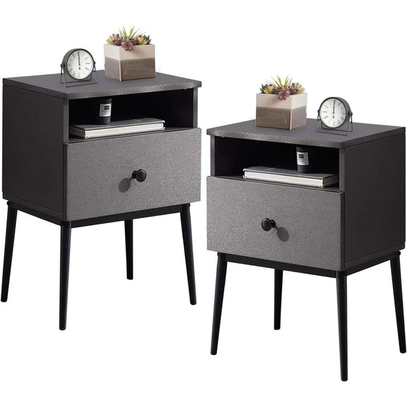 Set of 2 - Mid Century Modern Side Table Nightstand in Grey Black Wood Finish