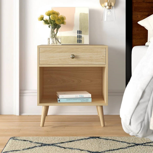 Mid-Century Modern 1-Drawer Nightstand in Natural Straw Yellow Wood Finish