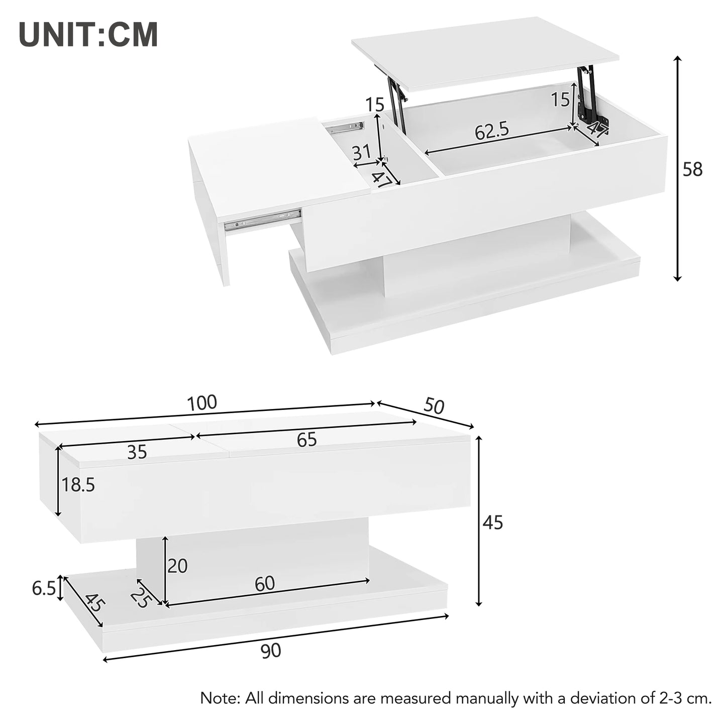 High Gloss Lift Tea Table LED Coffee Table 100x50x45cm With LED Lighting Storage Space Half-lift Table Top And Side-sliding