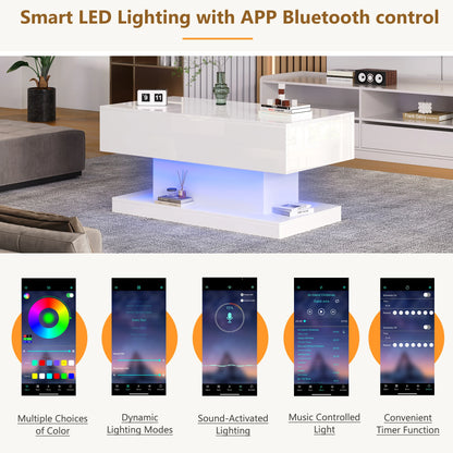 High Gloss Lift Tea Table LED Coffee Table 100x50x45cm With LED Lighting Storage Space Half-lift Table Top And Side-sliding