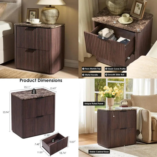Faux Marble Top Solid Wood Nightstand with Drawers, Curved Corners, Metal Handles, Modern Bedside Table