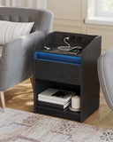 Hzuaneri Bedside Table with LED Light, Bedside Cabinet with Charging Station, 1 Storage Drawer Nightstand for Bedroom