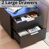 LIKIMIO Nightstand with Charging Station and LED Lights, Night Stand with Pull-Out Shelf, Bedside Table for Bedroom, Black