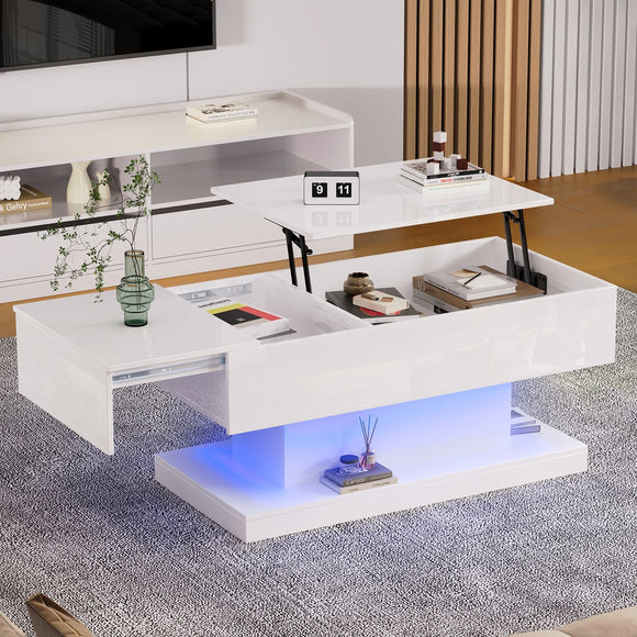 High Gloss Lift Tea Table LED Coffee Table 100x50x45cm With LED Lighting Storage Space Half-lift Table Top And Side-sliding