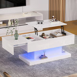 High Gloss Lift Tea Table LED Coffee Table 100x50x45cm With LED Lighting Storage Space Half-lift Table Top And Side-sliding