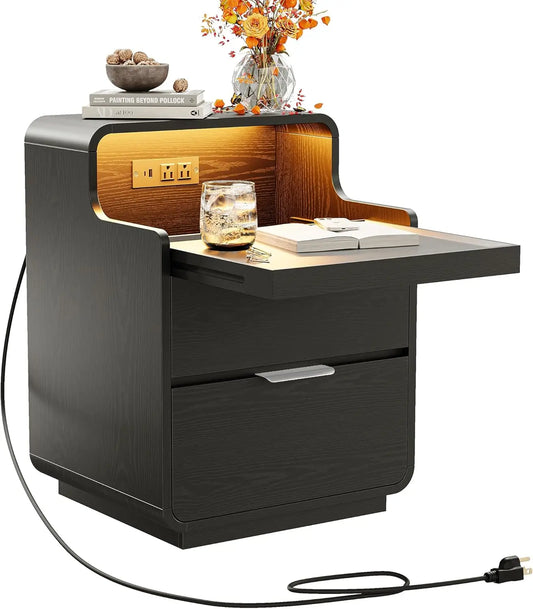 LIKIMIO Nightstand with Charging Station and LED Lights, Night Stand with Pull-Out Shelf, Bedside Table for Bedroom, Black