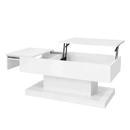 High Gloss Lift Tea Table LED Coffee Table 100x50x45cm With LED Lighting Storage Space Half-lift Table Top And Side-sliding