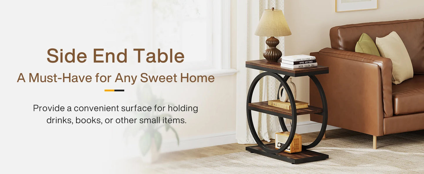 End Table with 3 Storage Shelves, Industrial Small Sofa Side Table, Slim Nightstand and Bedside Table