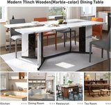71 Inch Large Rectangular Dining Table with Marble Color Waterproof Tabletop and Adjustable Legs, 6 Feet Family Dining Table