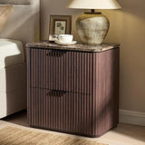 Fluted Nightstand, Night Stand Farmhouse with 2 Drawers, End Table with Faux Marble-Look Top, Bedside Table for Bedroom, Living
