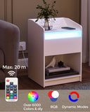 Hzuaneri Bedside Table with LED Light, Bedside Cabinet with Charging Station, 1 Storage Drawer Nightstand for Bedroom