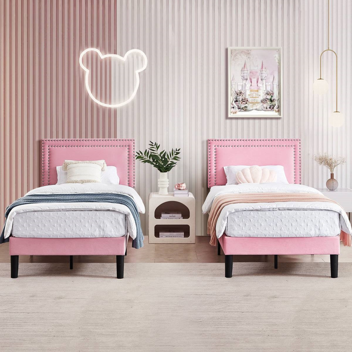Set of 2 - Twin size Pink Upholstered Platform Bed with Nailhead Trim Headboard