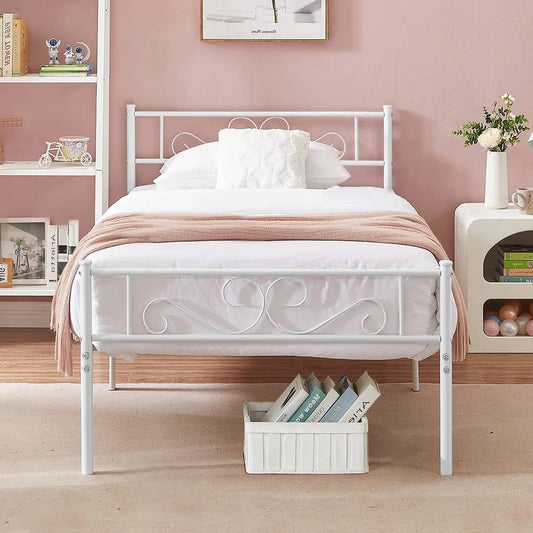 Twin size White Metal Platform Bed Frame with Headboard and Footboard