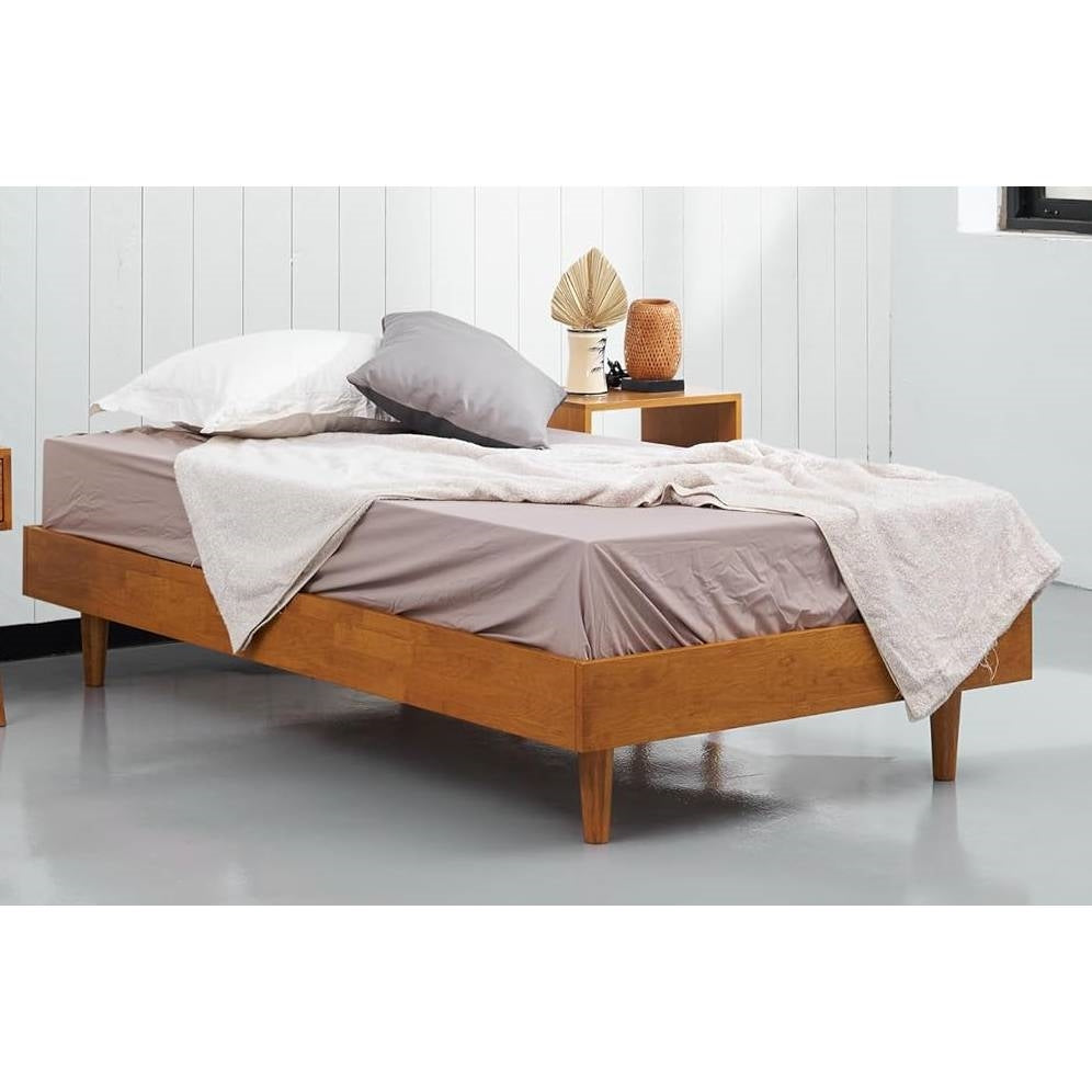 Twin size Mid-Century Modern Platform Bed Frame in Light Wood Finish