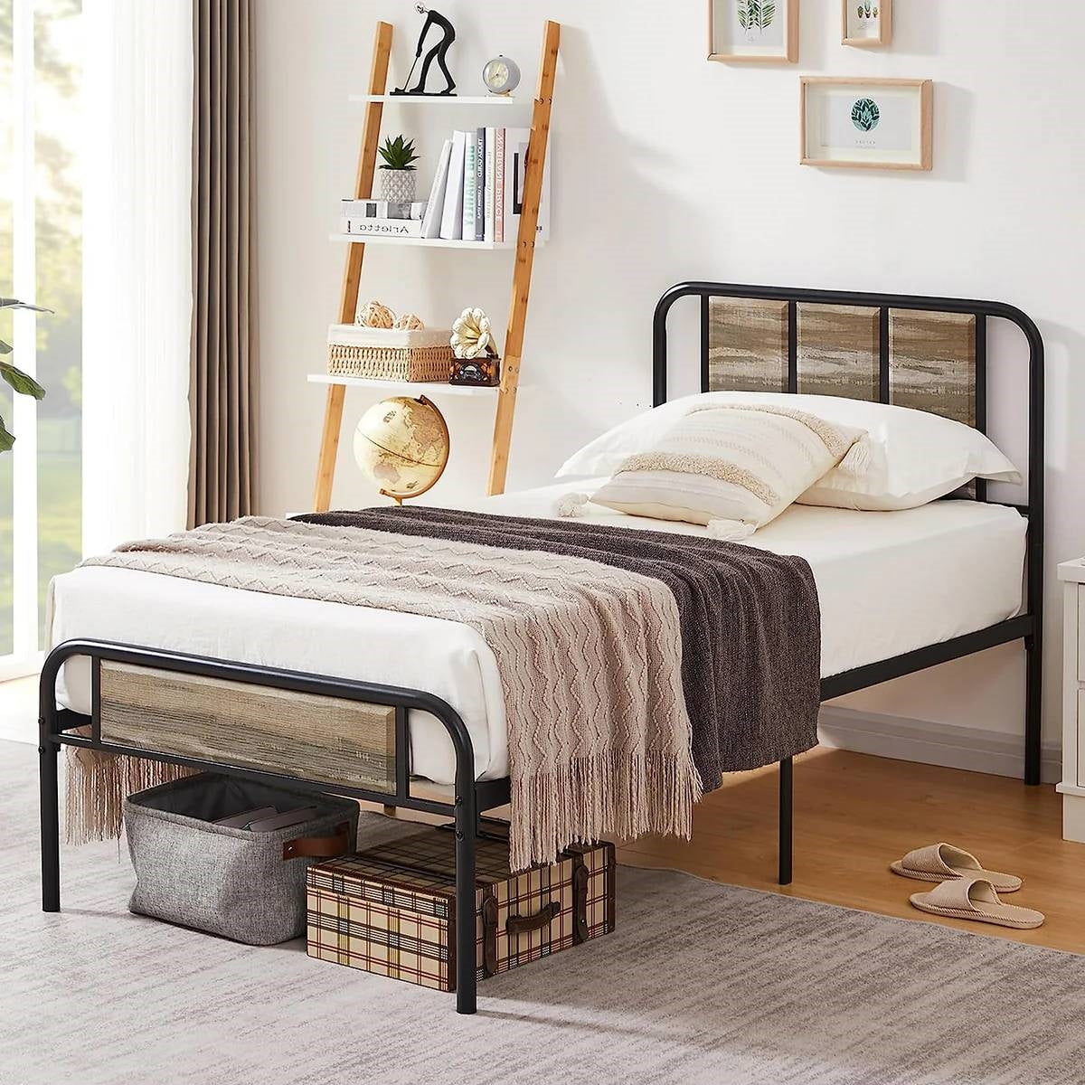 Twin Grey Wood Metal Platform Bed Frame with Rounded Headboard Footboard
