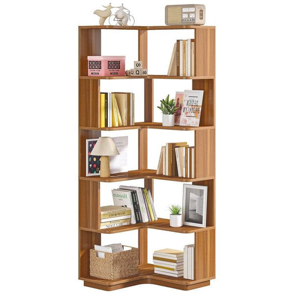 Multifunctional 6 Shelf Corner L-Shaped Bookcase in Brown Wood Finish