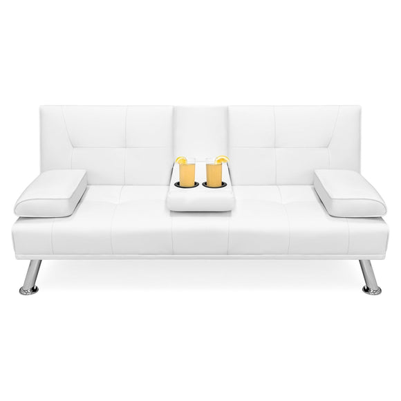 White Faux Leather Convertible Sofa Futon with 2 Cup Holders
