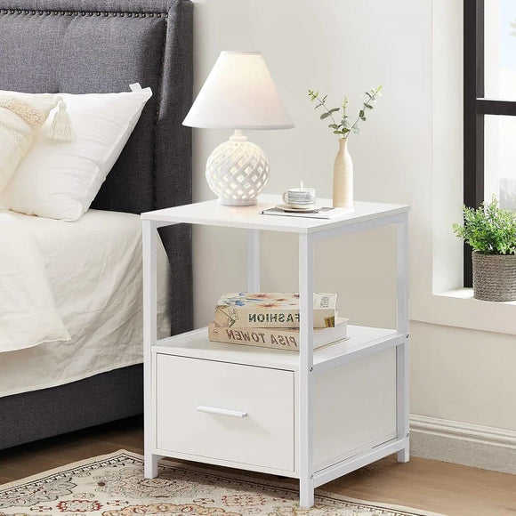 Set of 2 - Modern White Metal Wood Side End Table Nightstand with Storage Drawer