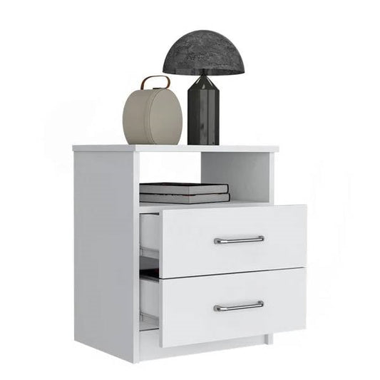 Modern 2-Drawer Nightstand with Open Shelf in White Wood Finish